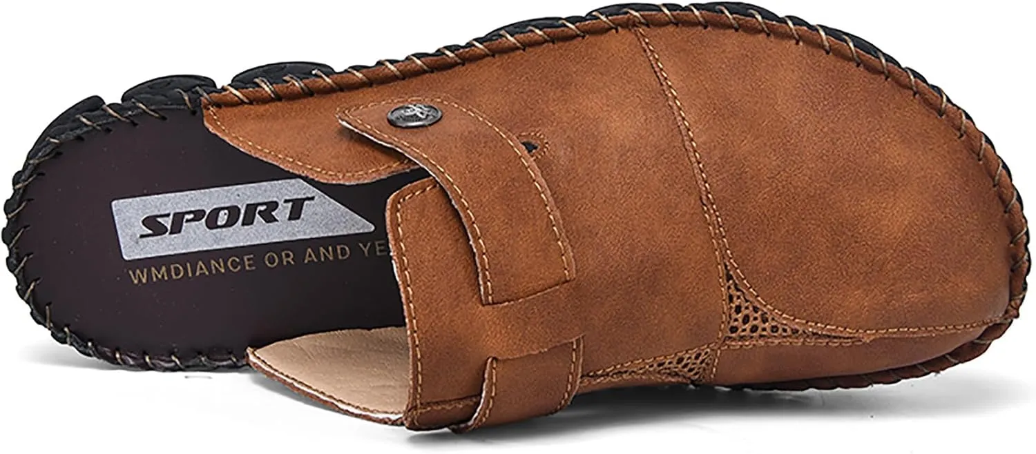 Mens Leather Slippers Closed Toe Mules Summer Casual Outdoor Sandals Beach Shoes
