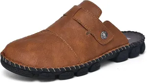 Mens Leather Slippers Closed Toe Mules Summer Casual Outdoor Sandals Beach Shoes