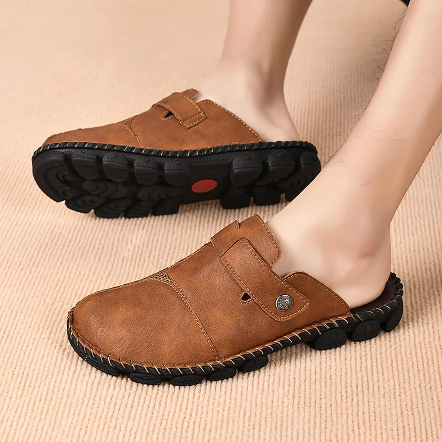 Mens Leather Slippers Closed Toe Mules Summer Casual Outdoor Sandals Beach Shoes