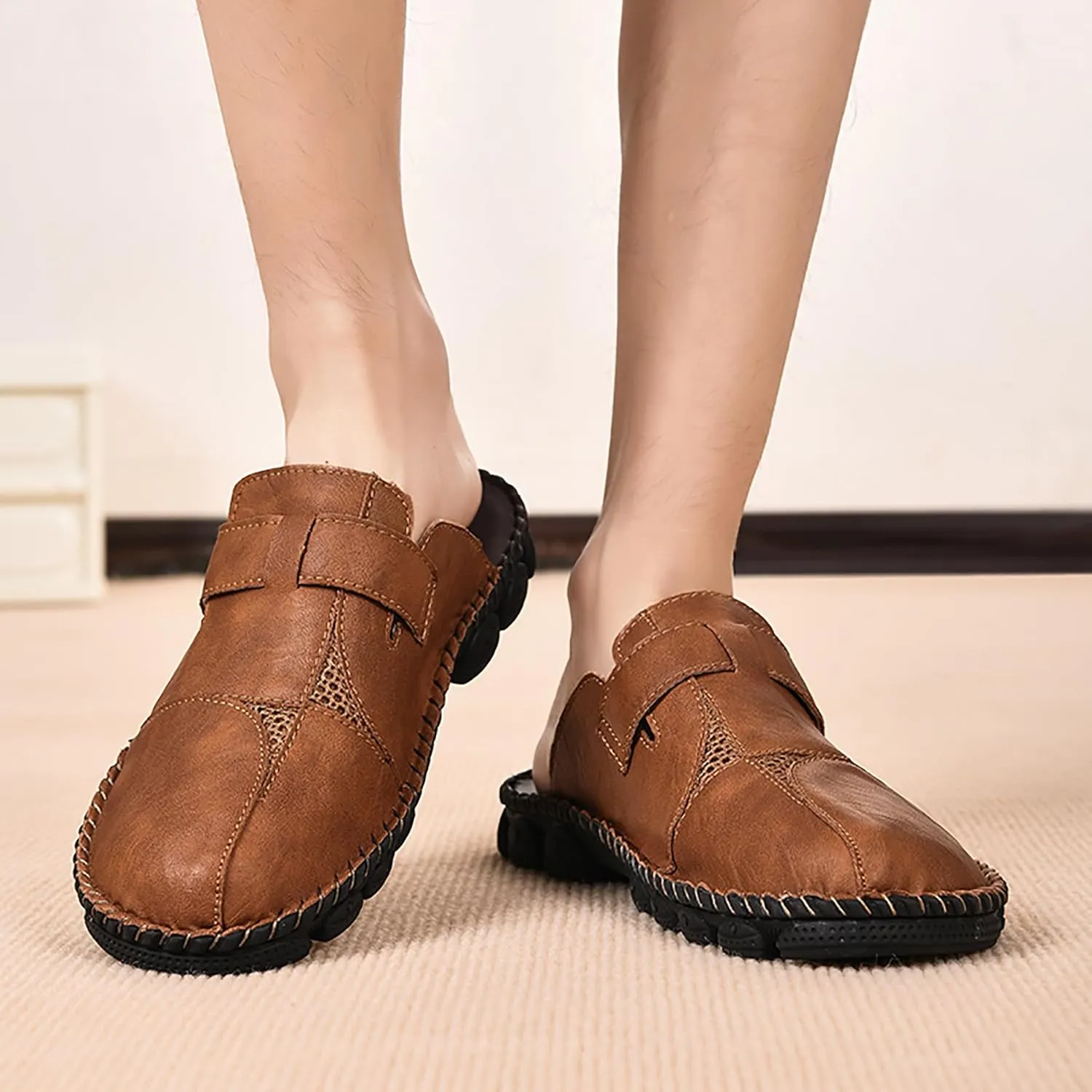 Mens Leather Slippers Closed Toe Mules Summer Casual Outdoor Sandals Beach Shoes