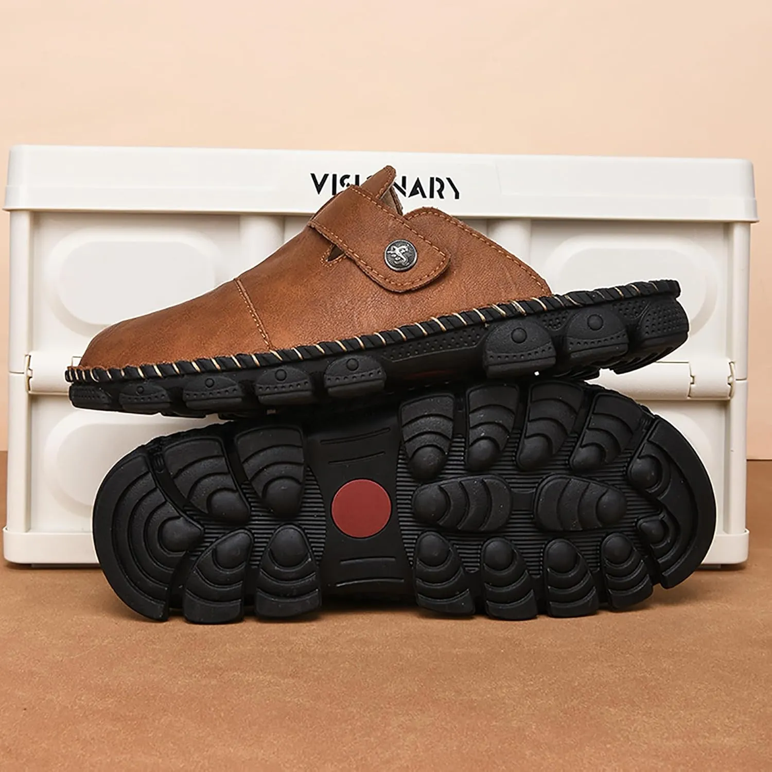 Mens Leather Slippers Closed Toe Mules Summer Casual Outdoor Sandals Beach Shoes