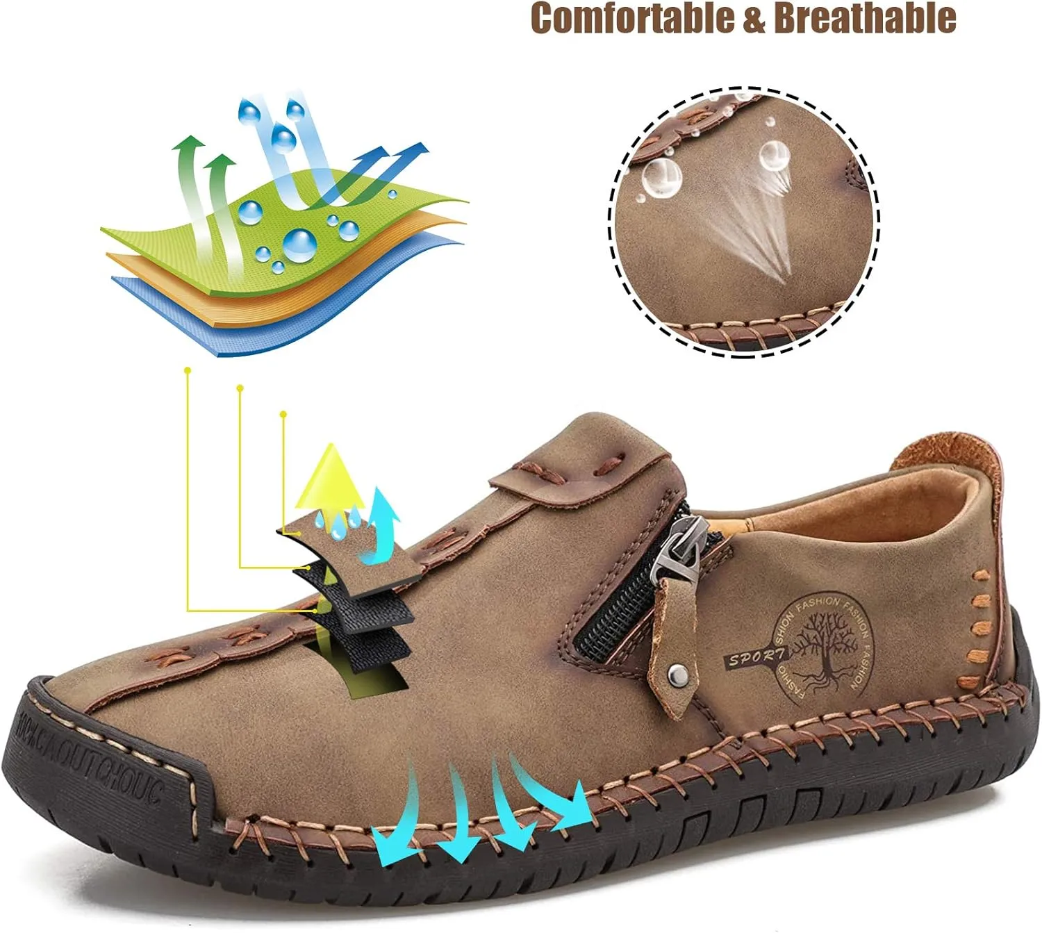 Mens Loafers Slip On Casual Shoes Leather Flat Penny Loafers Outdoor Lightweight Breathable Walking Driving Shoes Comfort Classic Hand Stitching Office Dress Work Shoes Anti Slip Round Toe Moccasins
