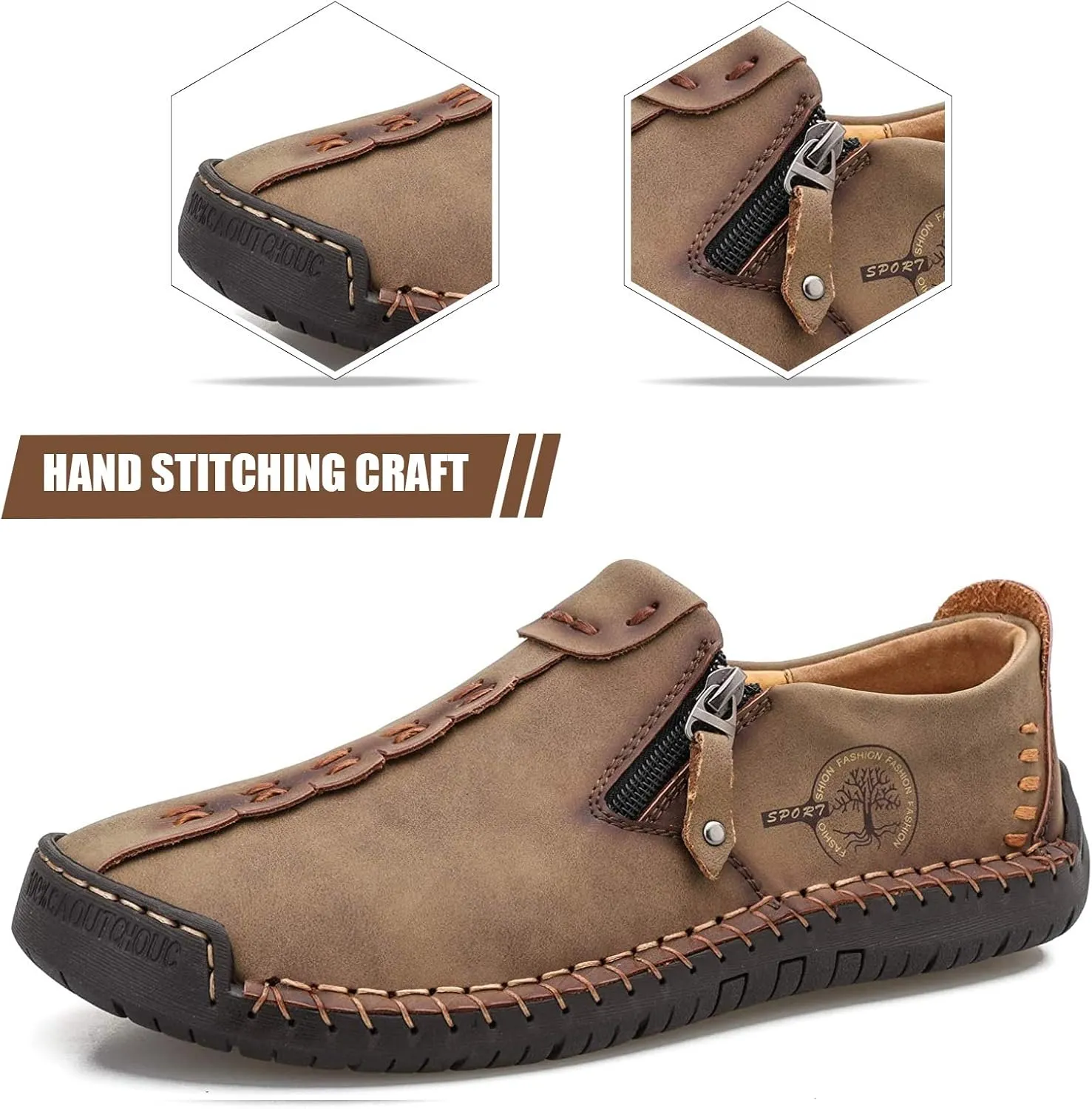 Mens Loafers Slip On Casual Shoes Leather Flat Penny Loafers Outdoor Lightweight Breathable Walking Driving Shoes Comfort Classic Hand Stitching Office Dress Work Shoes Anti Slip Round Toe Moccasins