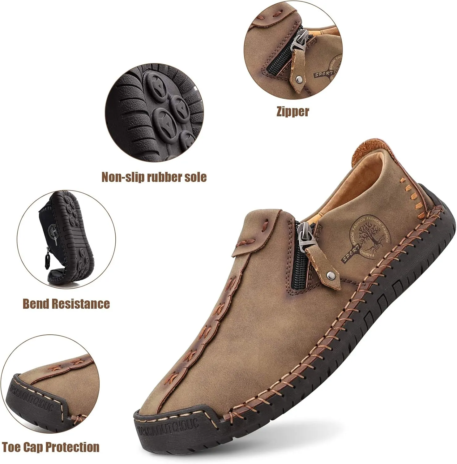 Mens Loafers Slip On Casual Shoes Leather Flat Penny Loafers Outdoor Lightweight Breathable Walking Driving Shoes Comfort Classic Hand Stitching Office Dress Work Shoes Anti Slip Round Toe Moccasins