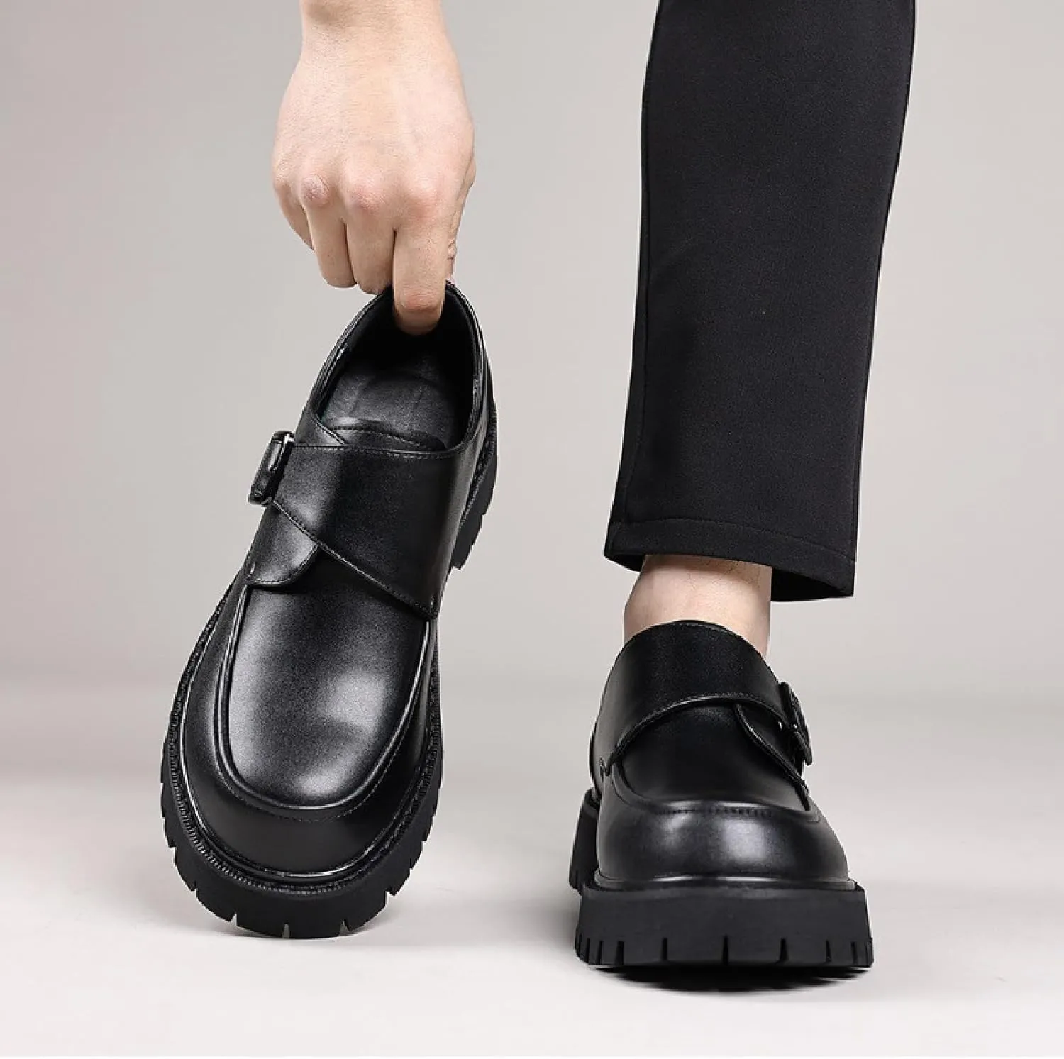 Men's Monk Buckles Platform Loafers Classic Round Toe Slip-On Lug Sole Business Dress Penny Loafers Casual Non-Slip Party Formal Shoes