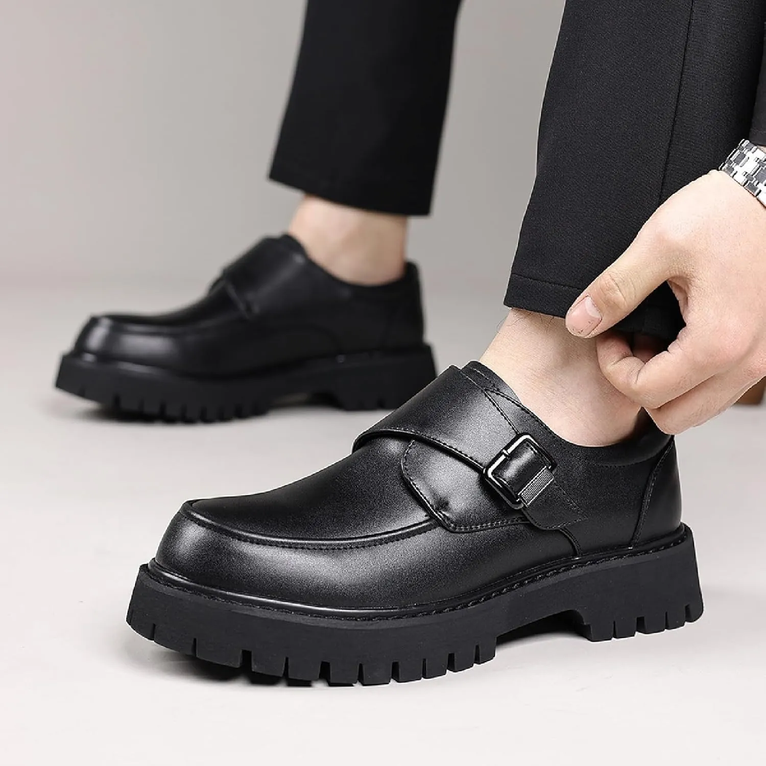 Men's Monk Buckles Platform Loafers Classic Round Toe Slip-On Lug Sole Business Dress Penny Loafers Casual Non-Slip Party Formal Shoes