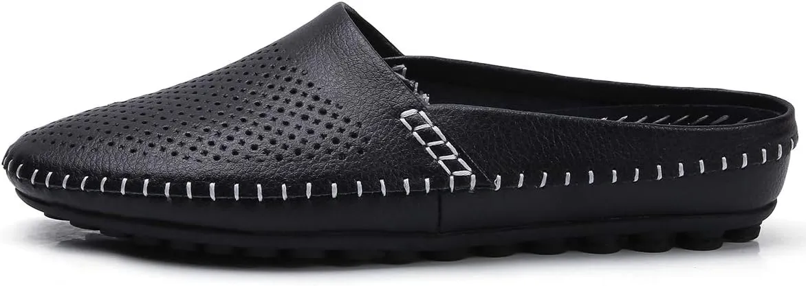 Mens Mules Clog Slippers Breathable Punching Genuine Leather Slip on Casual Backless Loafer Shoes