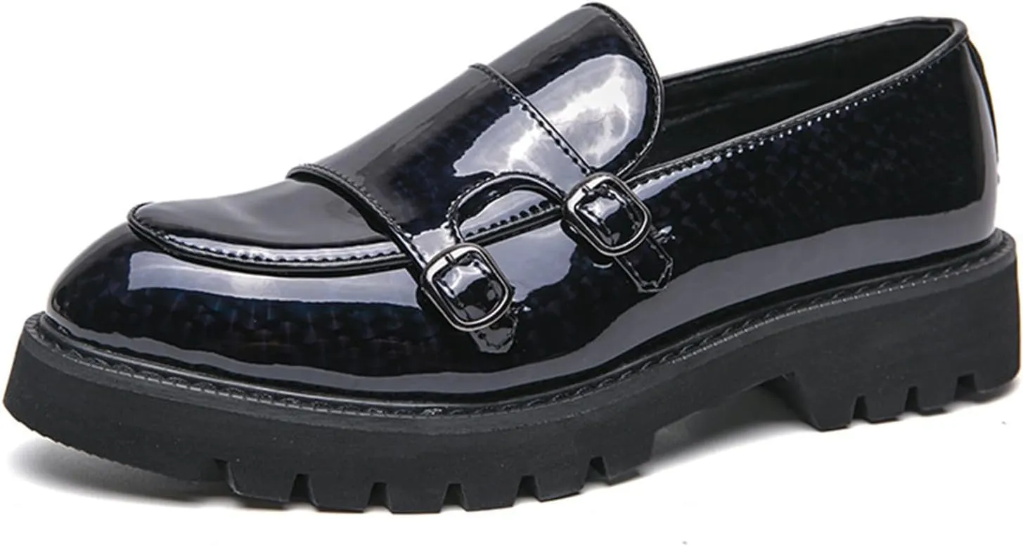 Men's Patent Leather Double Monk Strap Platform Slip On Loafers,Fashion Classic Non-Slip Lug Sole Dress Smoking Shoes,Business Casual Comfort Penny Loafers