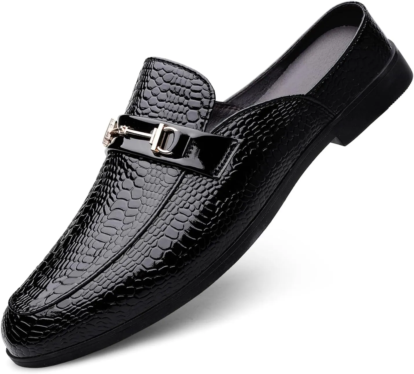 Men's Patent Leather Slip-On Dress Mules Slippers Fashion Printing Comfort Round Toe Low Heel Open Backless Casual Clogs Loafers with Metal Buckle Decoration