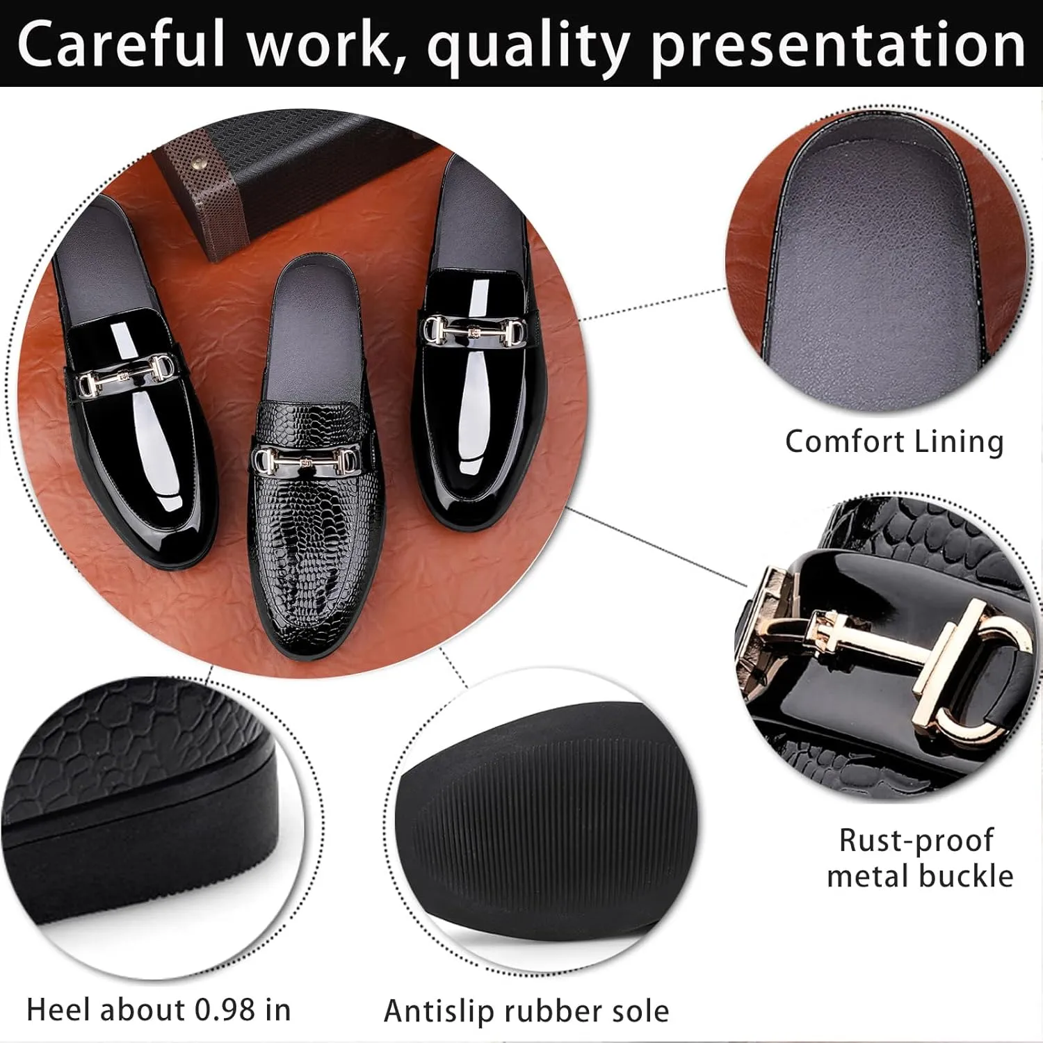 Men's Patent Leather Slip-On Dress Mules Slippers Fashion Printing Comfort Round Toe Low Heel Open Backless Casual Clogs Loafers with Metal Buckle Decoration
