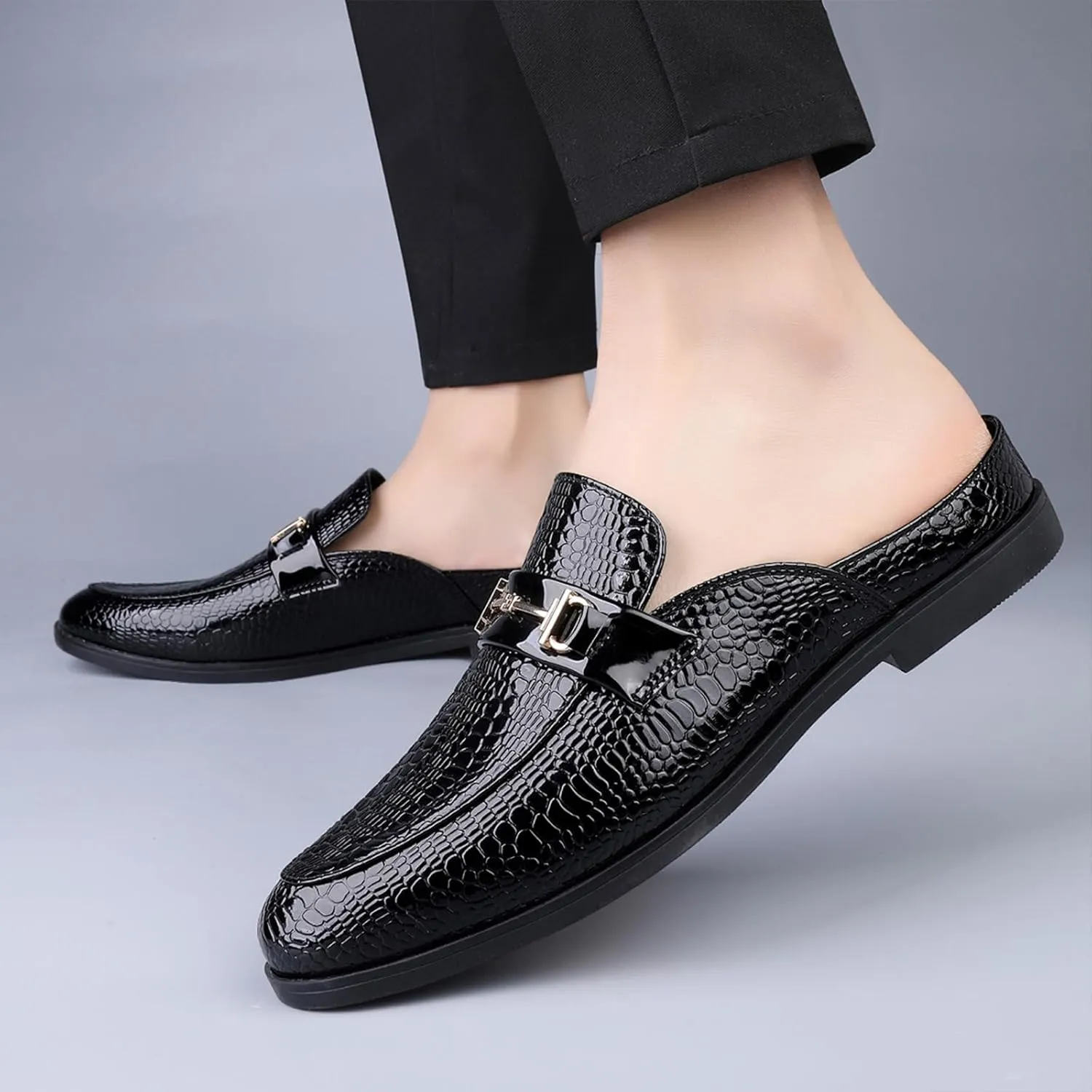 Men's Patent Leather Slip-On Dress Mules Slippers Fashion Printing Comfort Round Toe Low Heel Open Backless Casual Clogs Loafers with Metal Buckle Decoration
