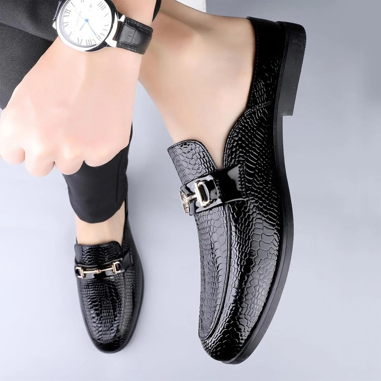 Men's Patent Leather Slip-On Dress Mules Slippers Fashion Printing Comfort Round Toe Low Heel Open Backless Casual Clogs Loafers with Metal Buckle Decoration