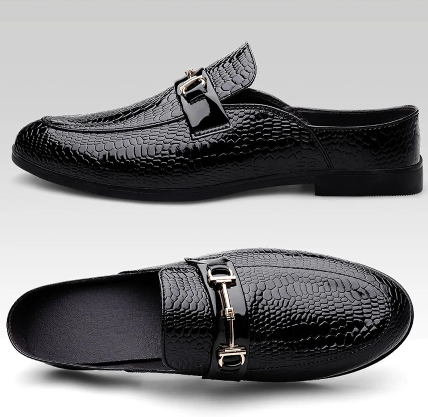 Men's Patent Leather Slip-On Dress Mules Slippers Fashion Printing Comfort Round Toe Low Heel Open Backless Casual Clogs Loafers with Metal Buckle Decoration