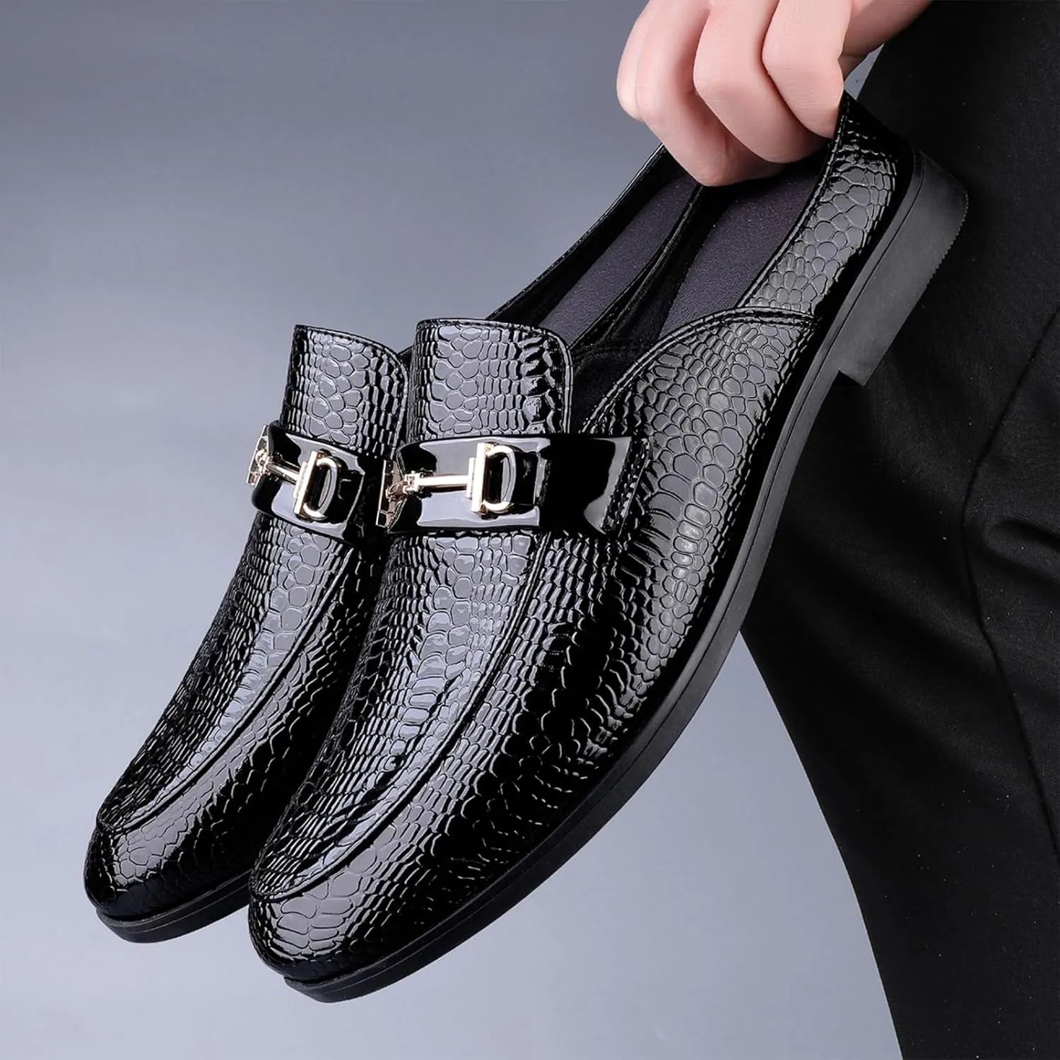 Men's Patent Leather Slip-On Dress Mules Slippers Fashion Printing Comfort Round Toe Low Heel Open Backless Casual Clogs Loafers with Metal Buckle Decoration