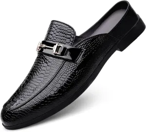 Men's Patent Leather Slip-On Dress Mules Slippers Fashion Printing Comfort Round Toe Low Heel Open Backless Casual Clogs Loafers with Metal Buckle Decoration