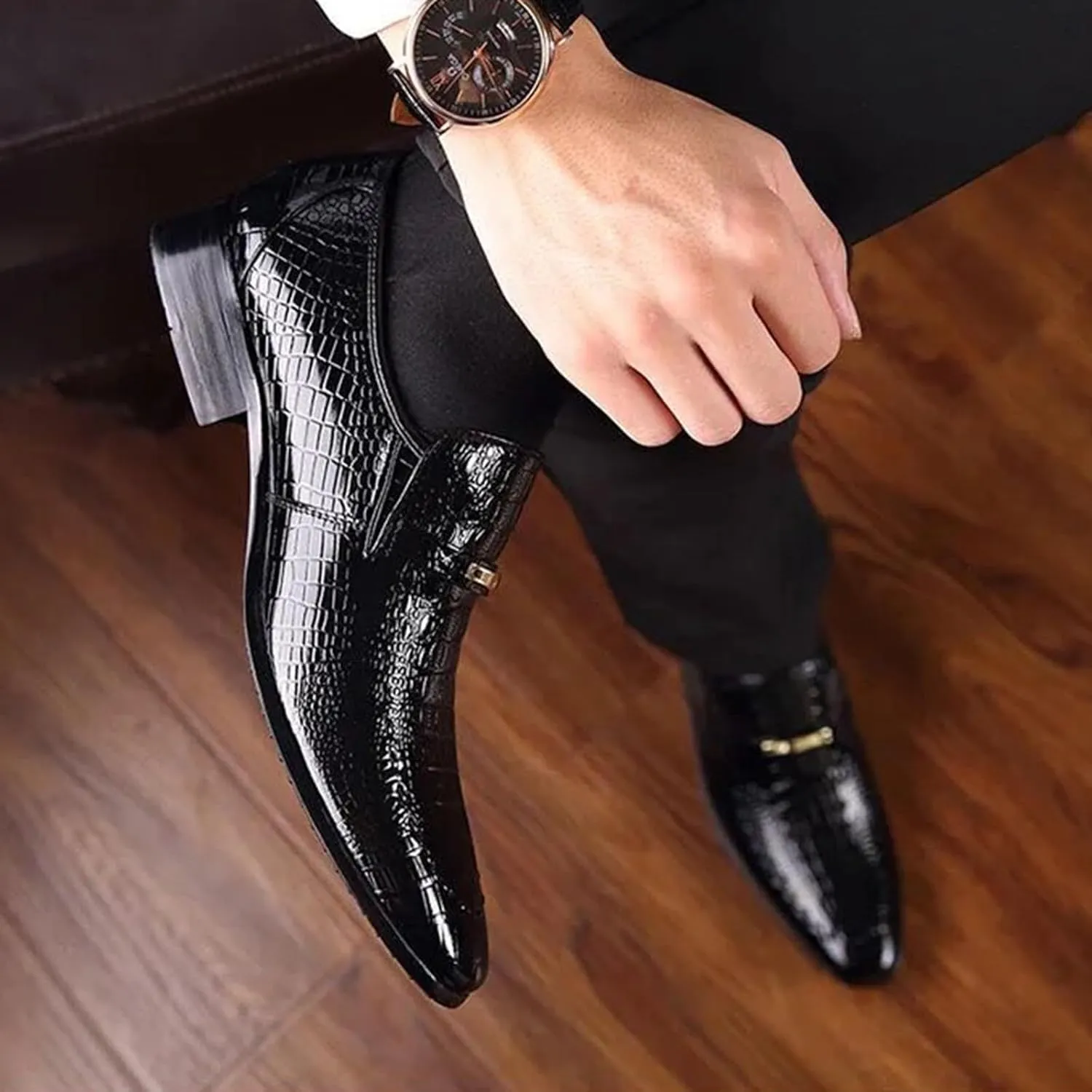 Men's Pattern Leather Loafers Fashion Classic Pointed Toe Slip On Low Top Casual Formal Shoes Business Dress Oxford Shoes