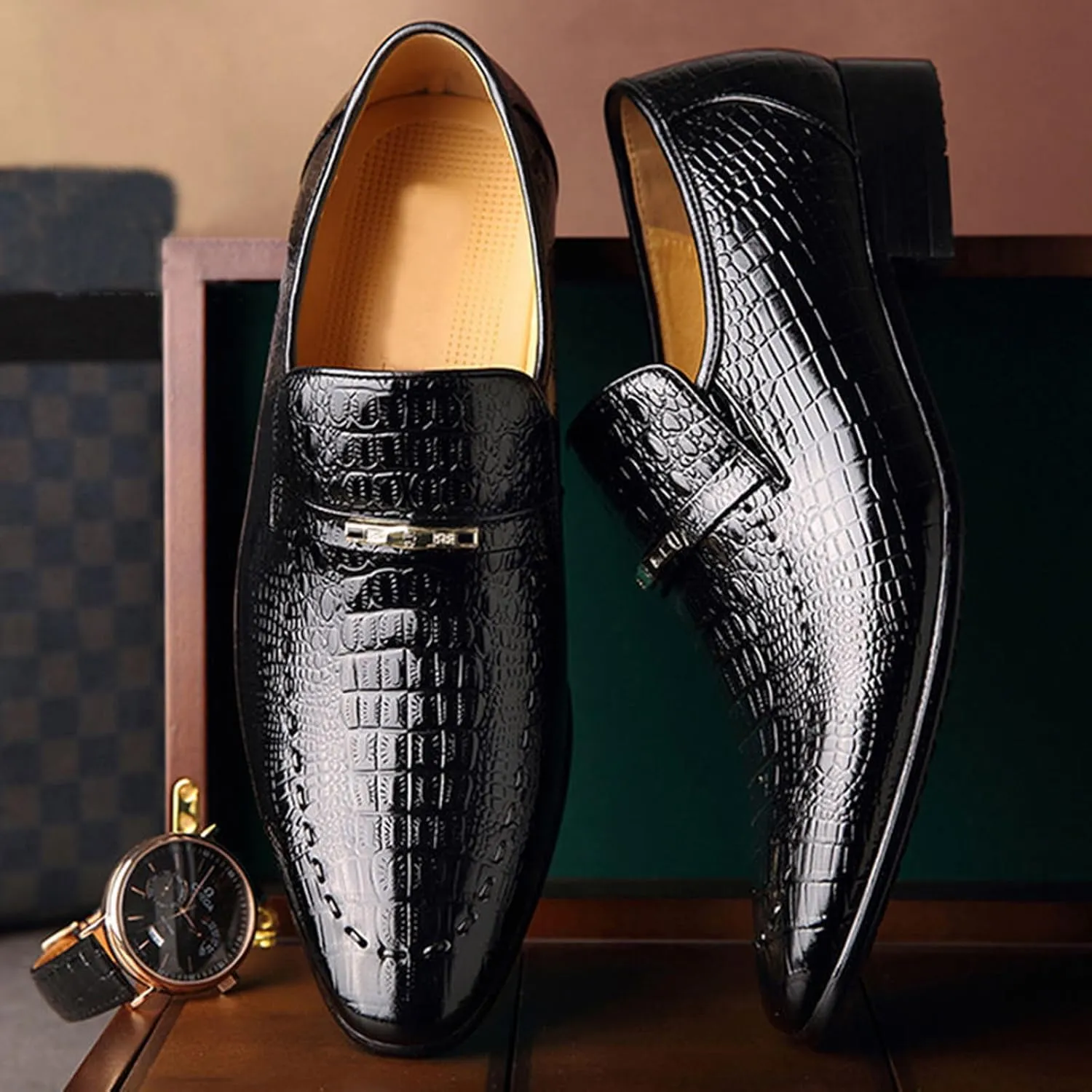 Men's Pattern Leather Loafers Fashion Classic Pointed Toe Slip On Low Top Casual Formal Shoes Business Dress Oxford Shoes