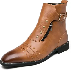 Mens Retro Leather Buckle Chukka Ankle Boots with Side Zipper Pointed Toe Non-Slip Low Heels Casual Shoes for Business Casual Dress Prom Party