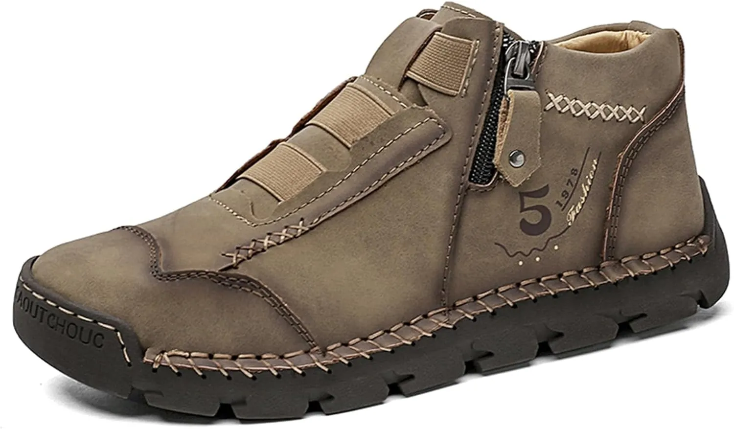 Mens Retro Leather Slip-On Chukka Ankle Boots with Side Zipper Casual Non-Slip Round Toe Walking Loafers High Top Flat Hiking Driving Boots