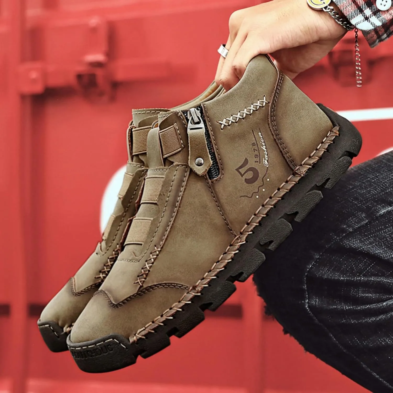 Mens Retro Leather Slip-On Chukka Ankle Boots with Side Zipper Casual Non-Slip Round Toe Walking Loafers High Top Flat Hiking Driving Boots