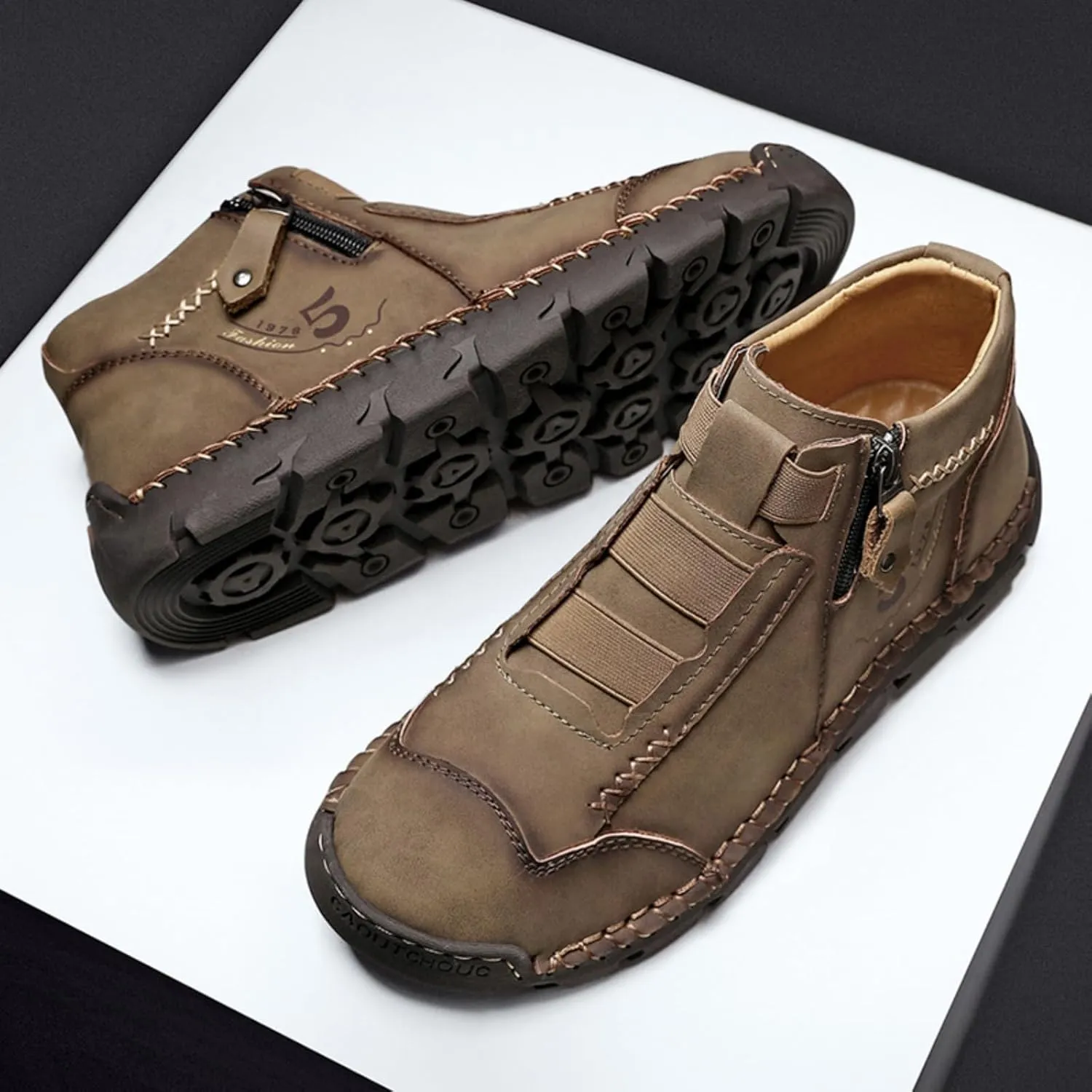 Mens Retro Leather Slip-On Chukka Ankle Boots with Side Zipper Casual Non-Slip Round Toe Walking Loafers High Top Flat Hiking Driving Boots