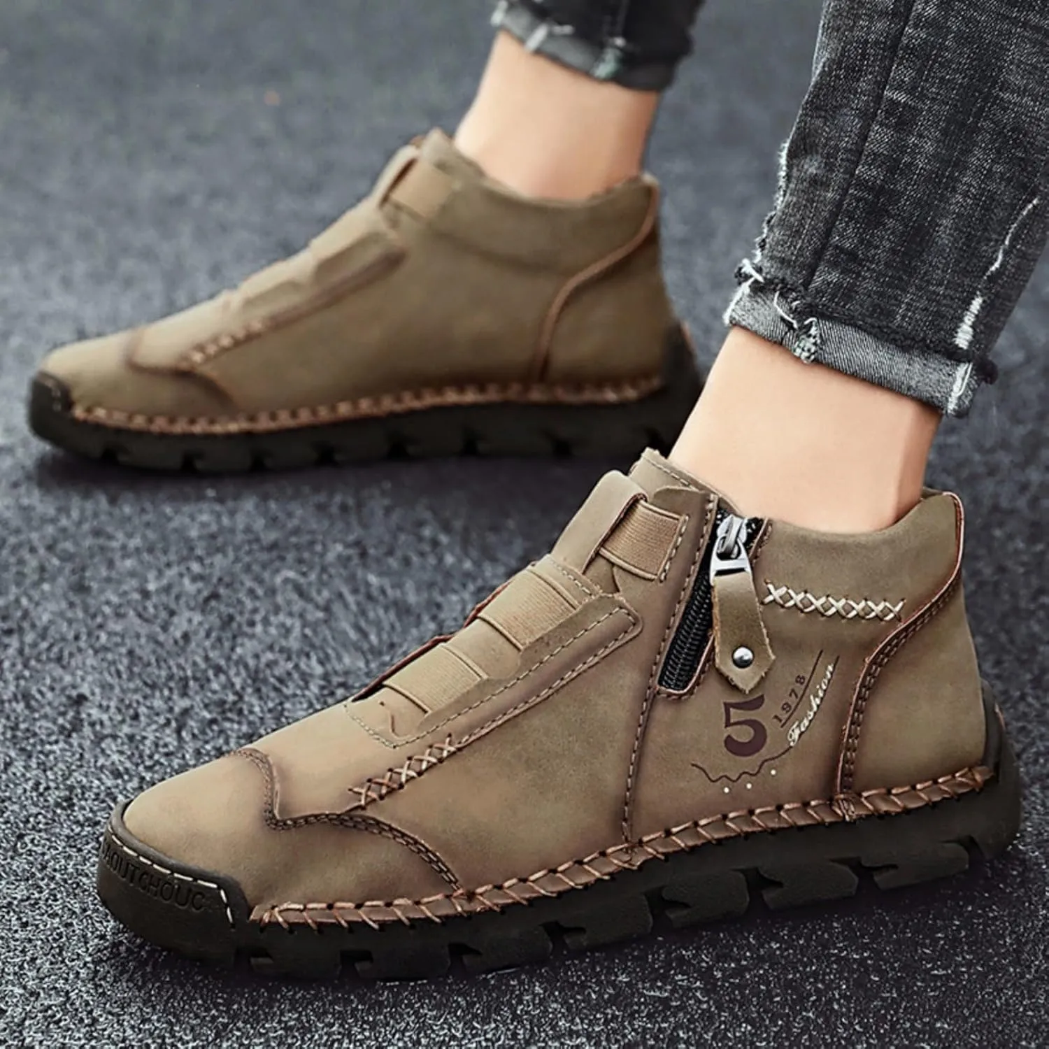Mens Retro Leather Slip-On Chukka Ankle Boots with Side Zipper Casual Non-Slip Round Toe Walking Loafers High Top Flat Hiking Driving Boots