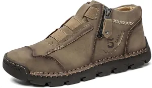 Mens Retro Leather Slip-On Chukka Ankle Boots with Side Zipper Casual Non-Slip Round Toe Walking Loafers High Top Flat Hiking Driving Boots