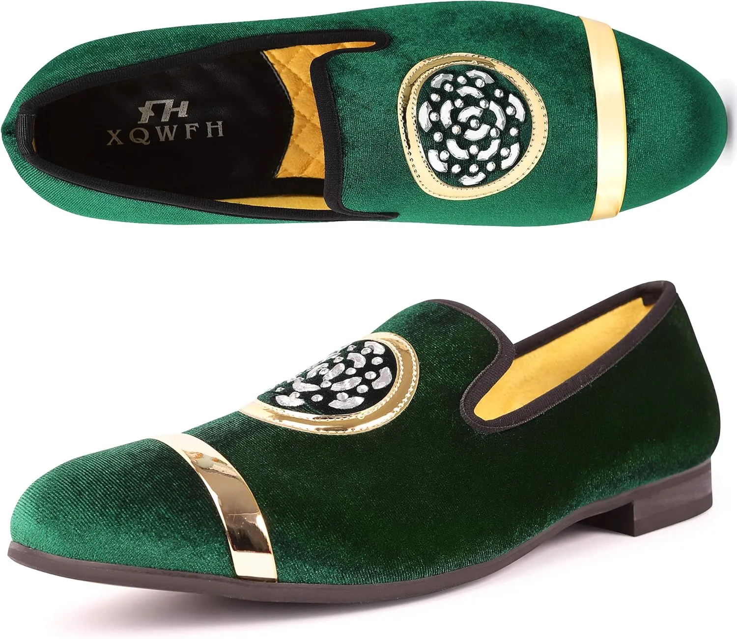 Mens Rhinestone Loafers Velvet Tuxedo Dress Shoes with Gold Plate Smoking Slippers Slip-On Penny Party Wedding Casual Shoes