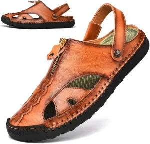 Mens Sandals Leather Closed Toe Outdoor Summer Anti-Slip Beach Sandals