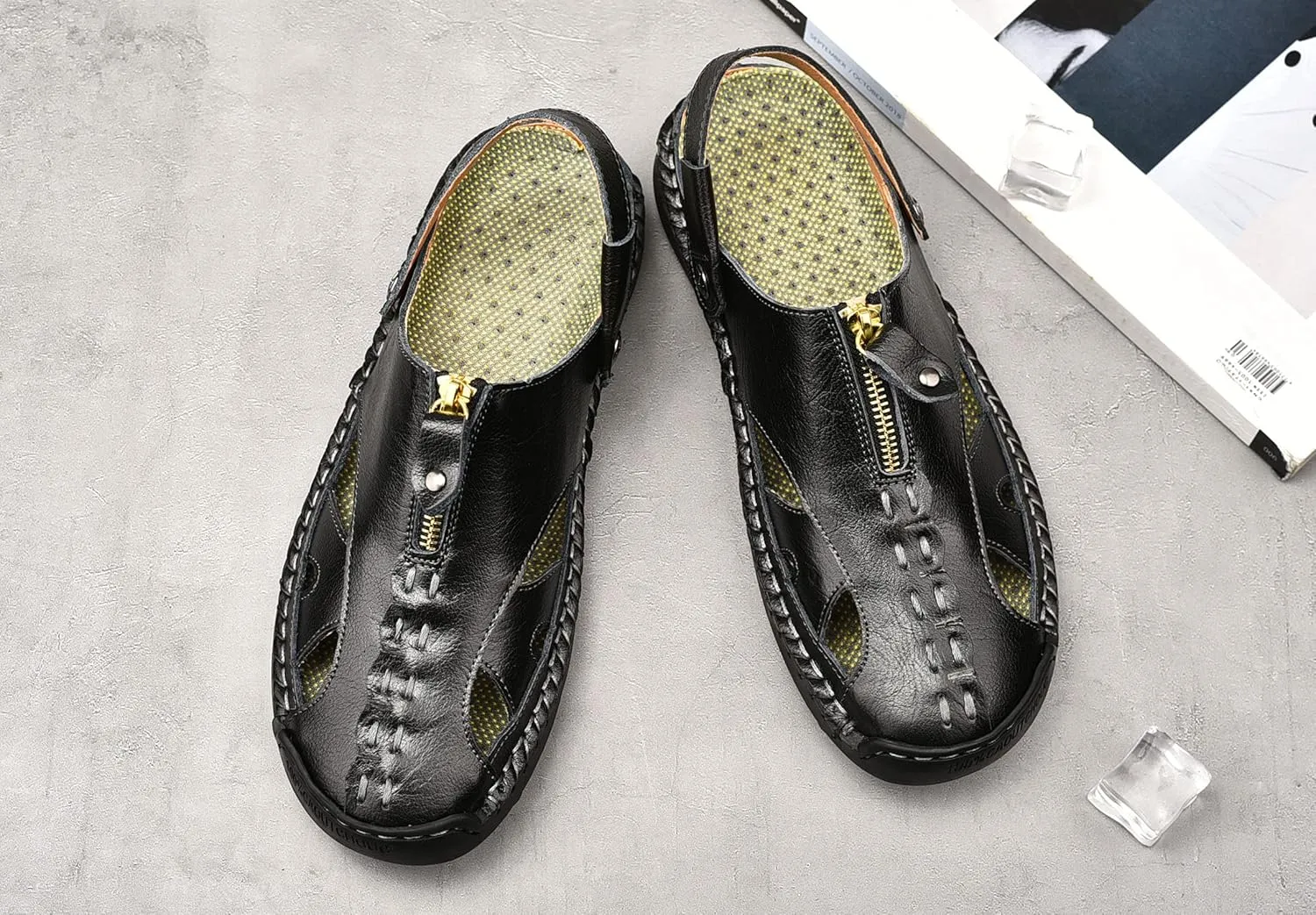 Mens Sandals Leather Closed Toe Outdoor Summer Anti-Slip Beach Sandals