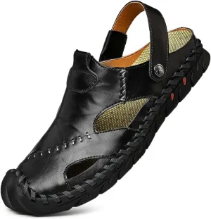 Mens Sandals Leather Closed Toe Outdoor Summer Anti-Slip Beach Sandals