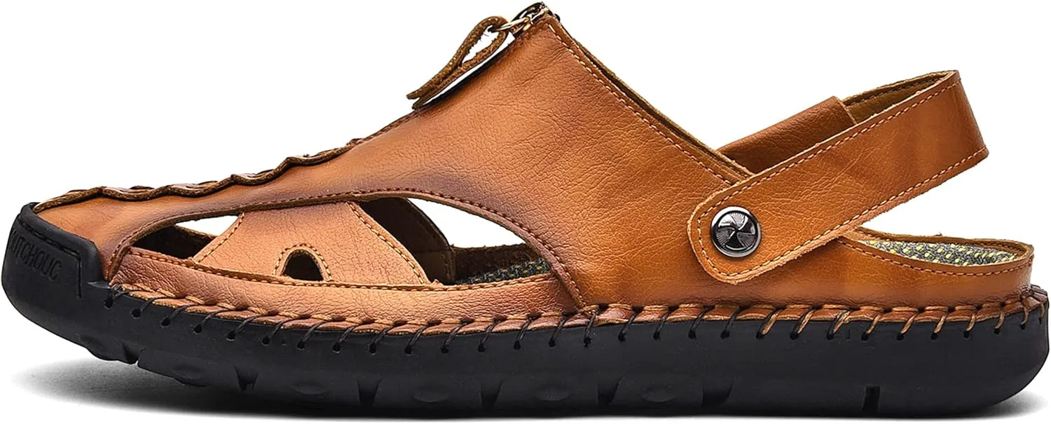 Mens Sandals Leather Closed Toe Outdoor Summer Anti-Slip Beach Sandals