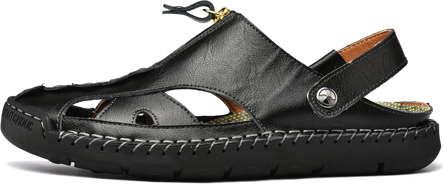 Mens Sandals Leather Closed Toe Outdoor Summer Anti-Slip Beach Sandals