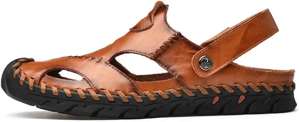 Mens Sandals Leather Closed Toe Outdoor Summer Anti-Slip Beach Sandals
