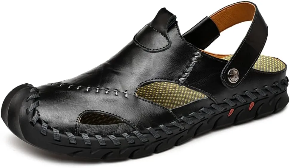Mens Sandals Leather Closed Toe Outdoor Summer Anti-Slip Beach Sandals