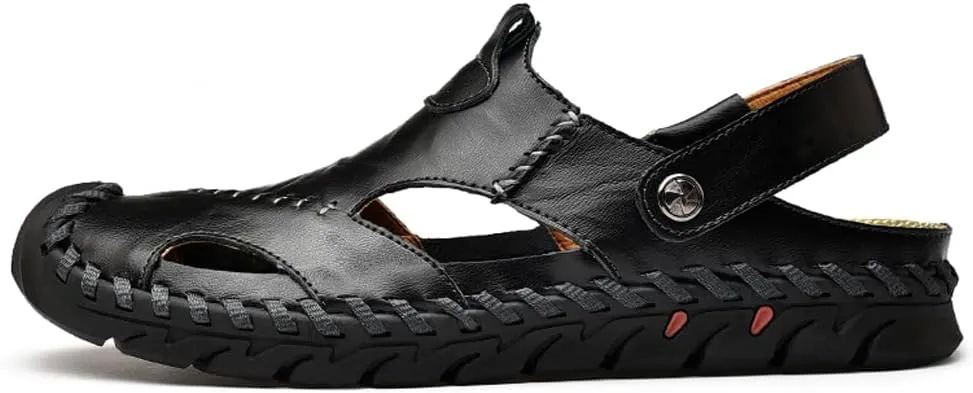 Mens Sandals Leather Closed Toe Outdoor Summer Anti-Slip Beach Sandals