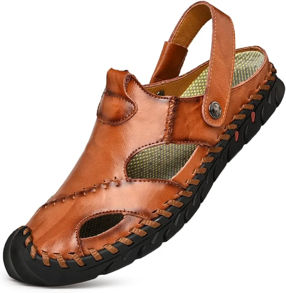 Mens Sandals Leather Closed Toe Outdoor Summer Anti-Slip Beach Sandals