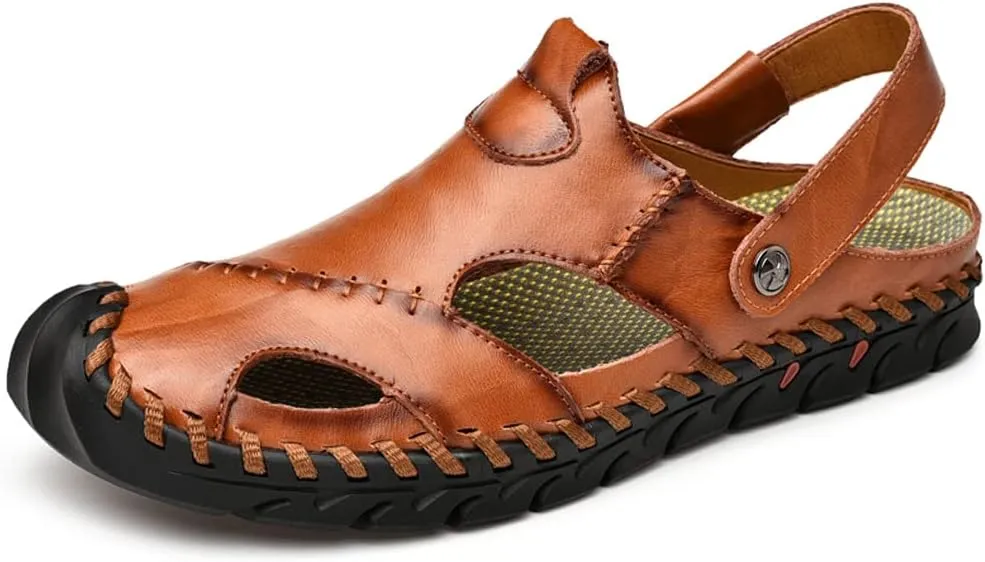 Mens Sandals Leather Closed Toe Outdoor Summer Anti-Slip Beach Sandals