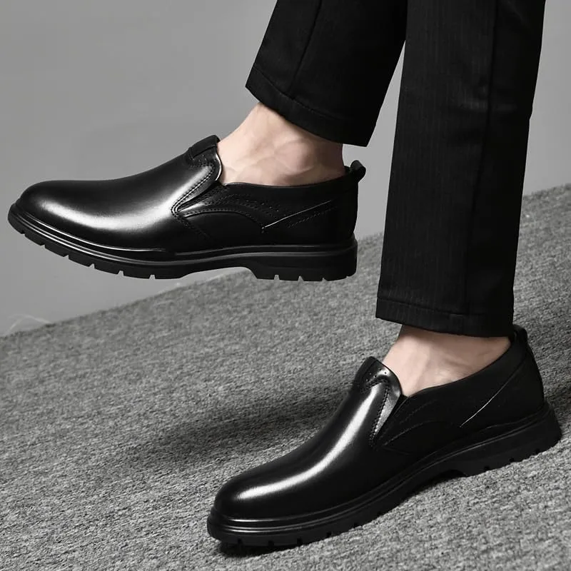 Men's Slip-On Business Dress Leather Shoes Classic Black Waterproof Platform Oxford Shoes Everyday Non Slip Walking