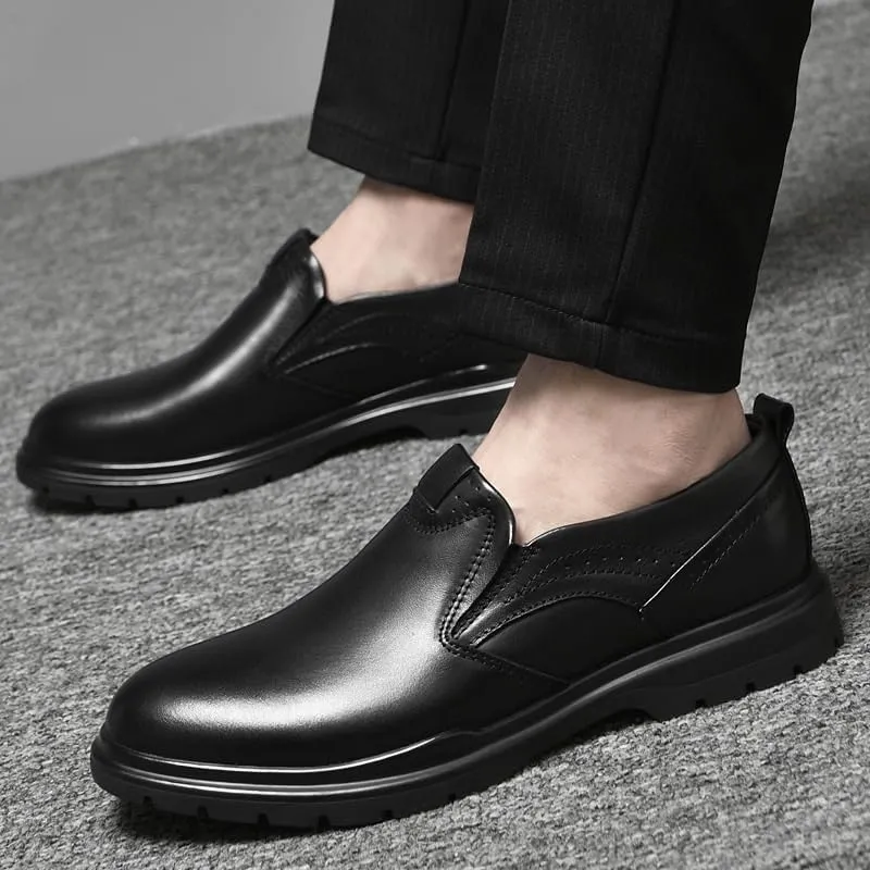 Men's Slip-On Business Dress Leather Shoes Classic Black Waterproof Platform Oxford Shoes Everyday Non Slip Walking