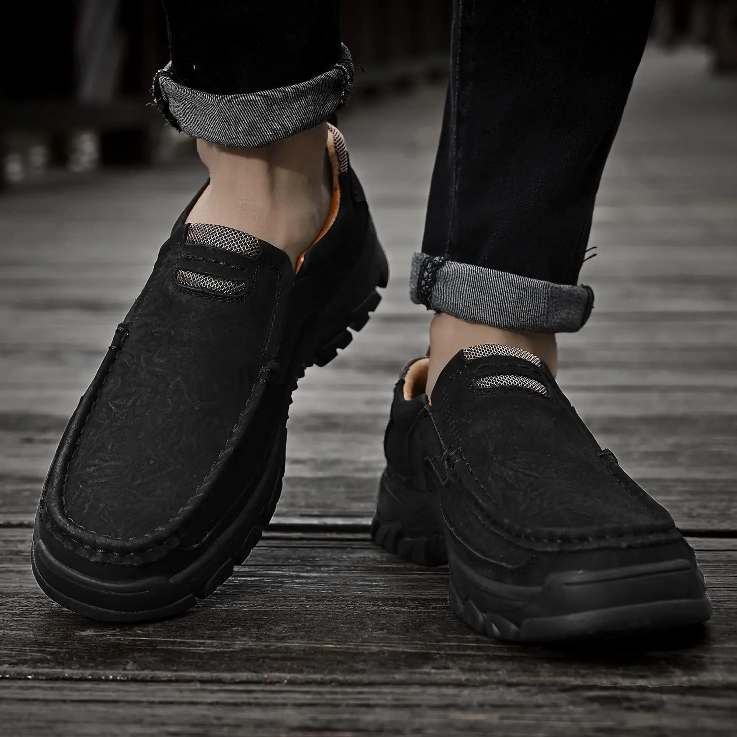 Mens Slip On Casual Loafers Classic Outdoor Leather Walking Hiking Shoes Comfortable for Work Office Dress Outdoor