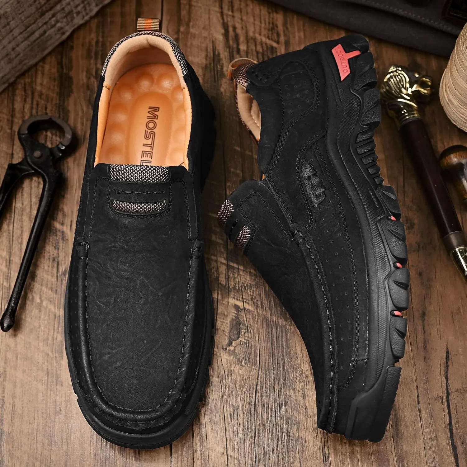 Mens Slip On Casual Loafers Classic Outdoor Leather Walking Hiking Shoes Comfortable for Work Office Dress Outdoor