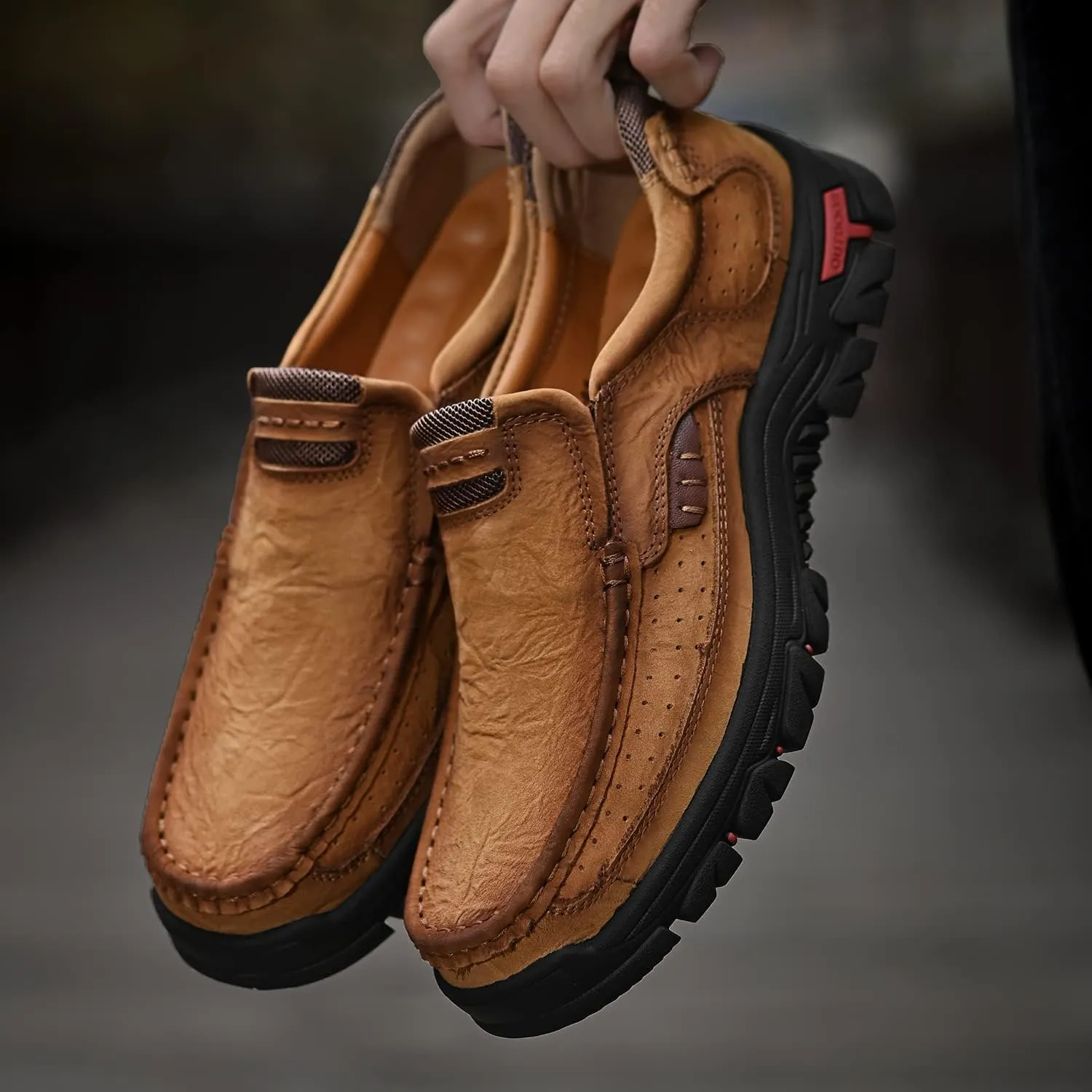 Mens Slip On Casual Loafers Classic Outdoor Leather Walking Hiking Shoes Comfortable for Work Office Dress Outdoor