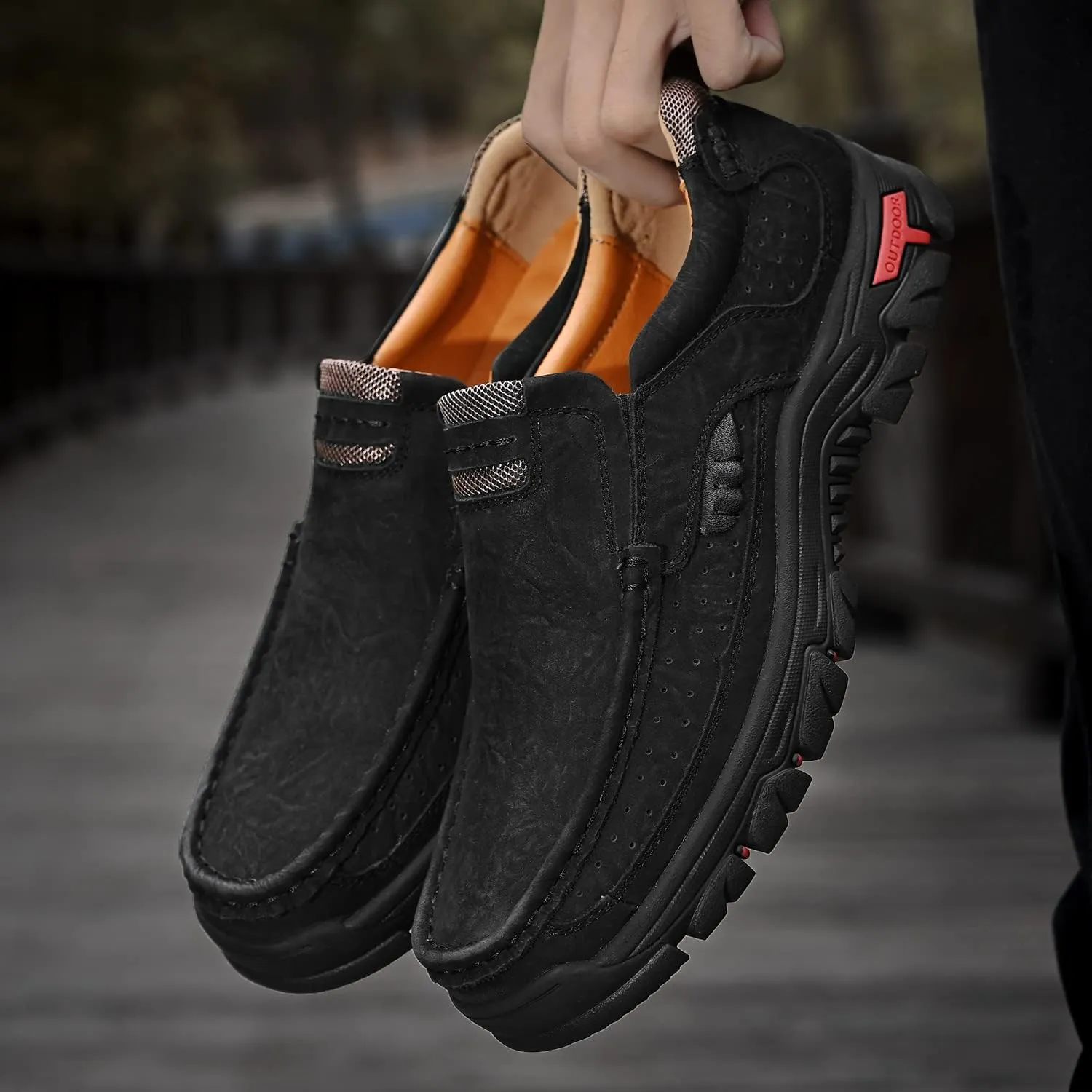 Mens Slip On Casual Loafers Classic Outdoor Leather Walking Hiking Shoes Comfortable for Work Office Dress Outdoor