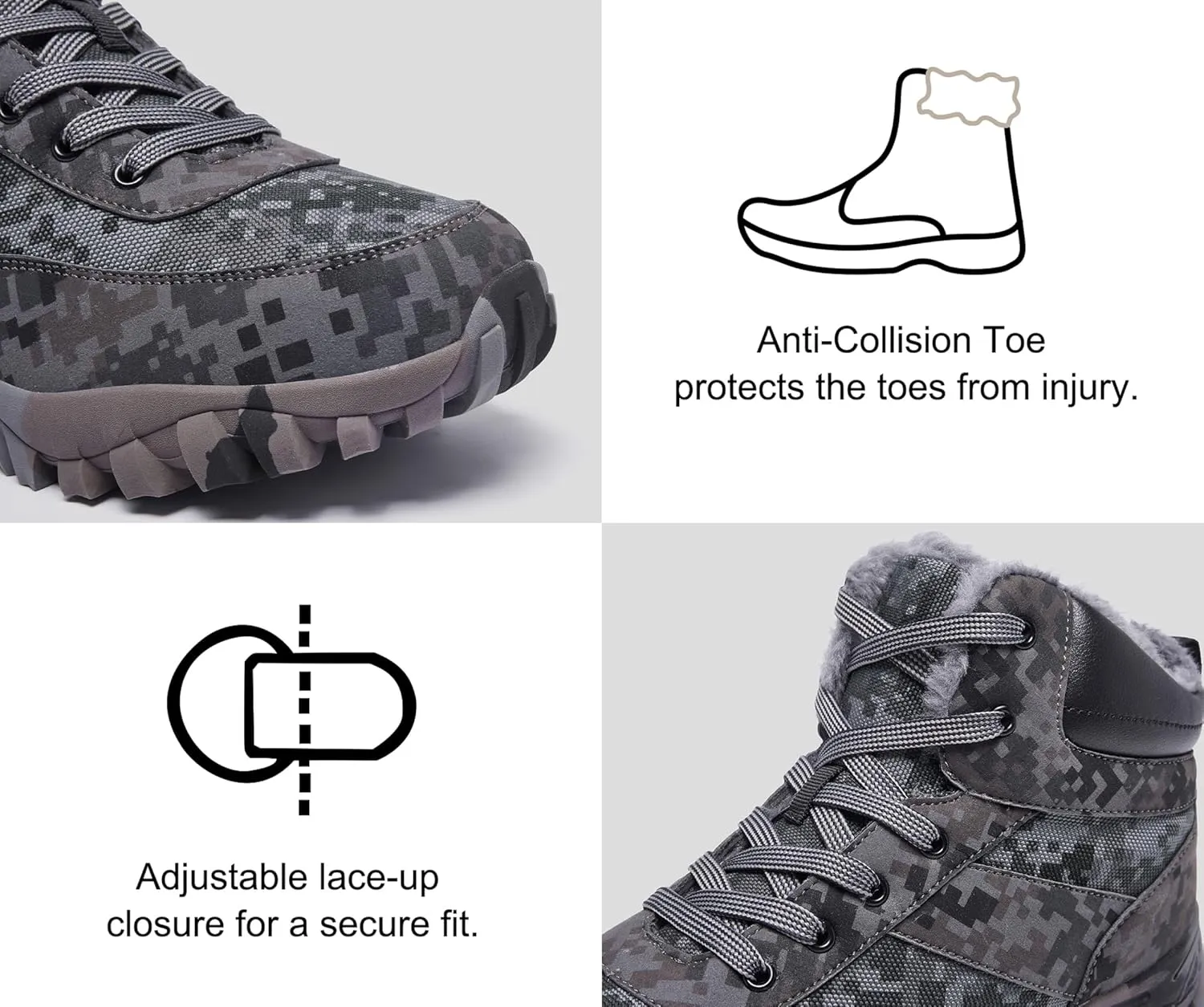 Men's Snow Boots Warm Fur Lined Camouflage Winter Hiking Boot Non-Slip Outdoor Work Shoes