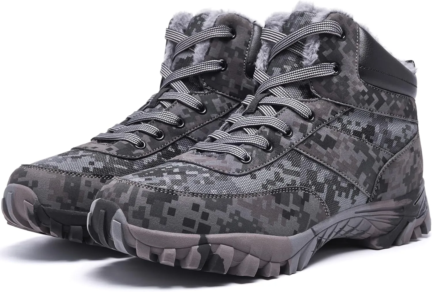 Men's Snow Boots Warm Fur Lined Camouflage Winter Hiking Boot Non-Slip Outdoor Work Shoes