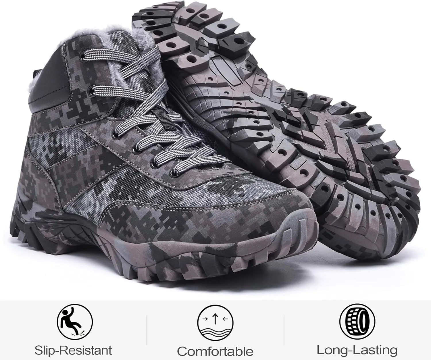 Men's Snow Boots Warm Fur Lined Camouflage Winter Hiking Boot Non-Slip Outdoor Work Shoes