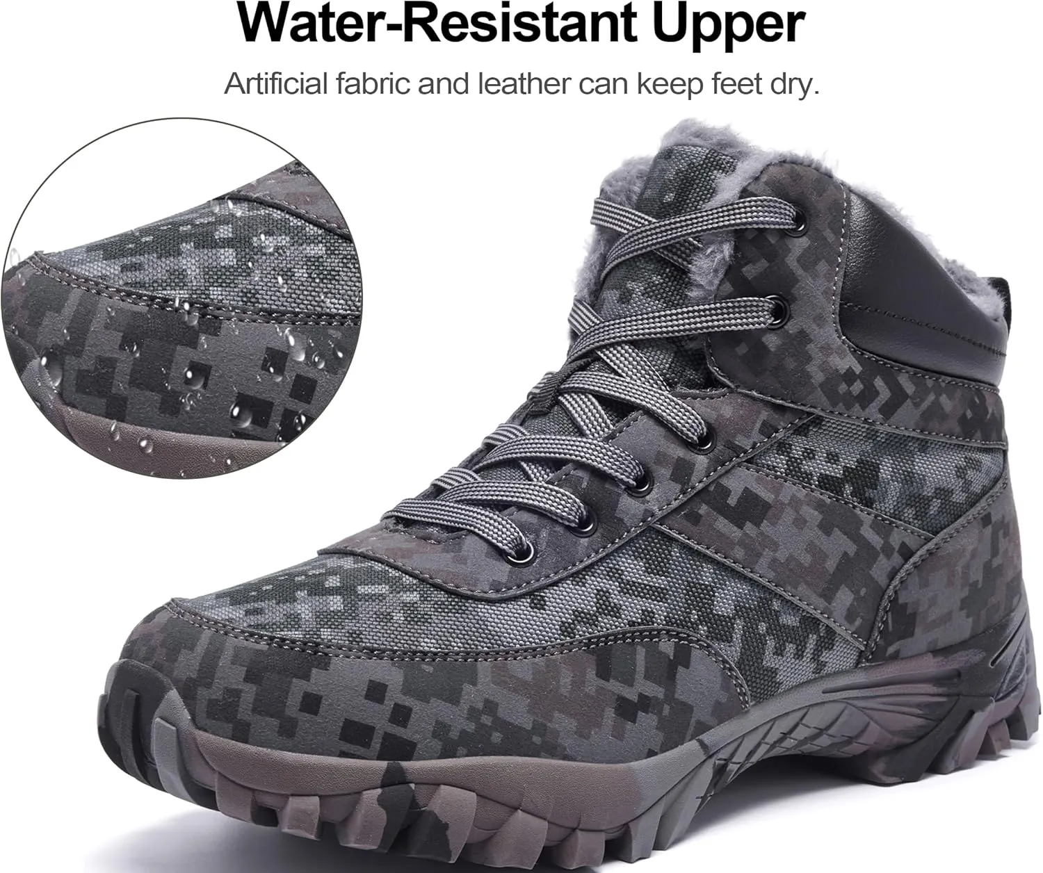 Men's Snow Boots Warm Fur Lined Camouflage Winter Hiking Boot Non-Slip Outdoor Work Shoes
