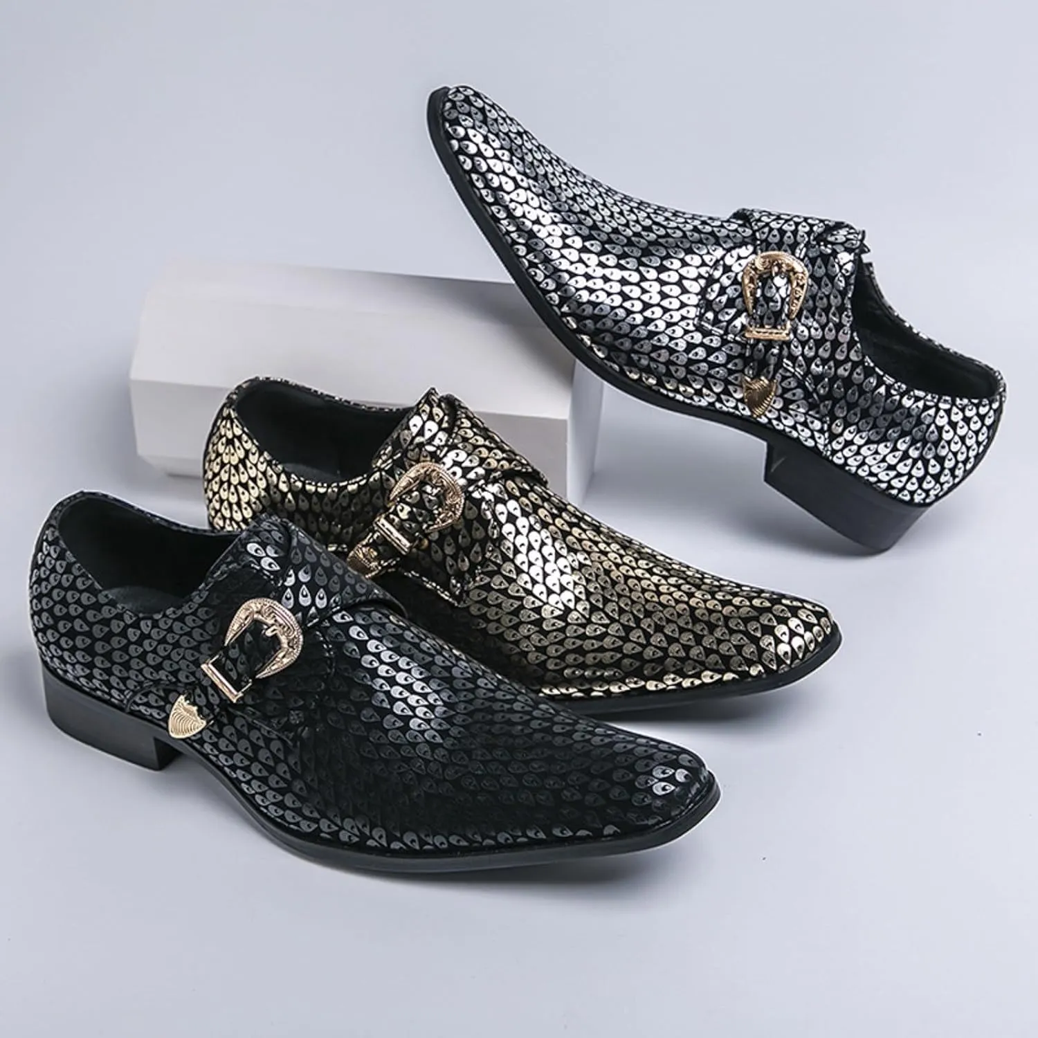Men's Sparkling Printed Pointed Toe Western Loafers Fashion Monk Strap Tip Slip-On Low Block Heel Ballroom Party Oxford Shoes Western Cowboy Formal Business Dress Sparkling Loafers