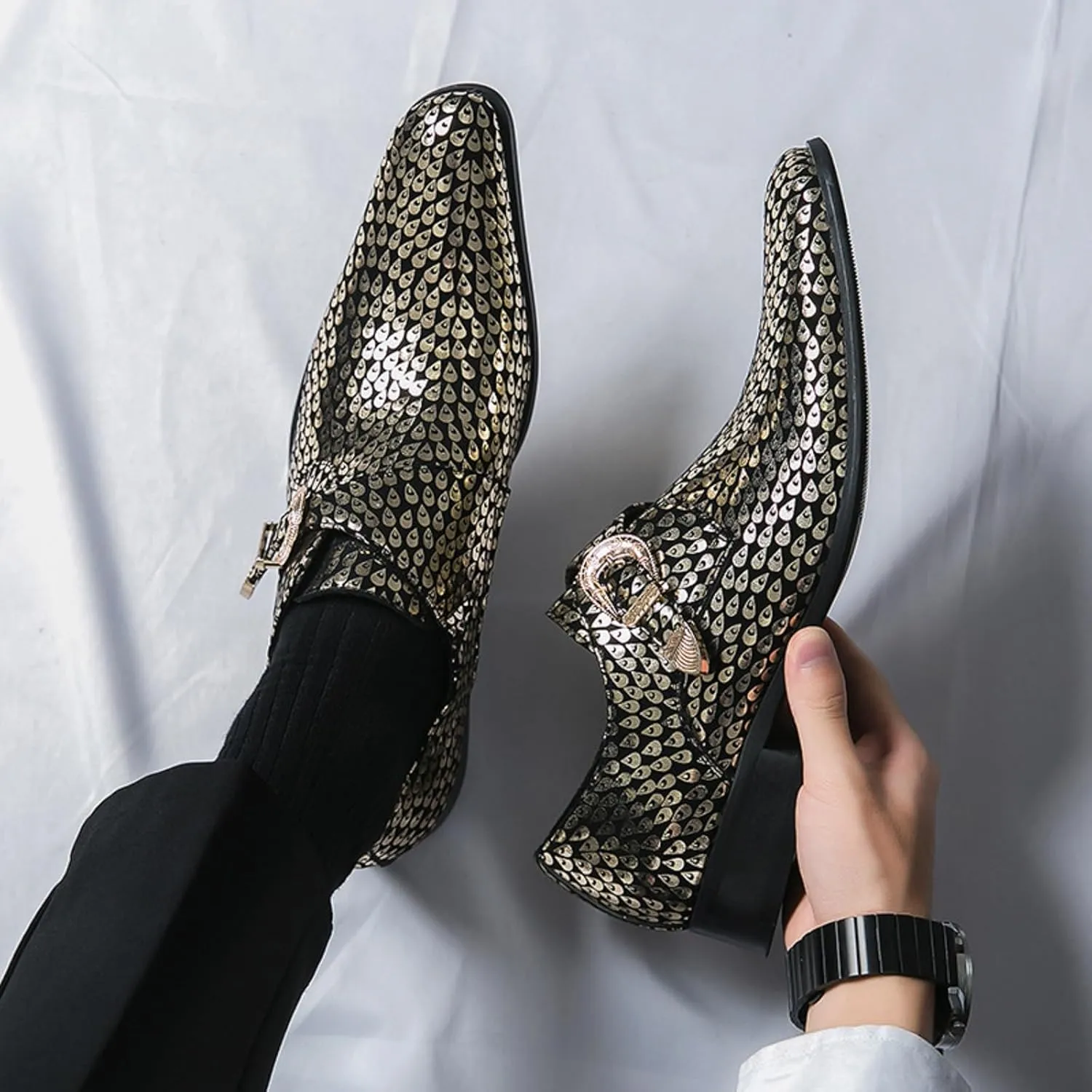Men's Sparkling Printed Pointed Toe Western Loafers Fashion Monk Strap Tip Slip-On Low Block Heel Ballroom Party Oxford Shoes Western Cowboy Formal Business Dress Sparkling Loafers